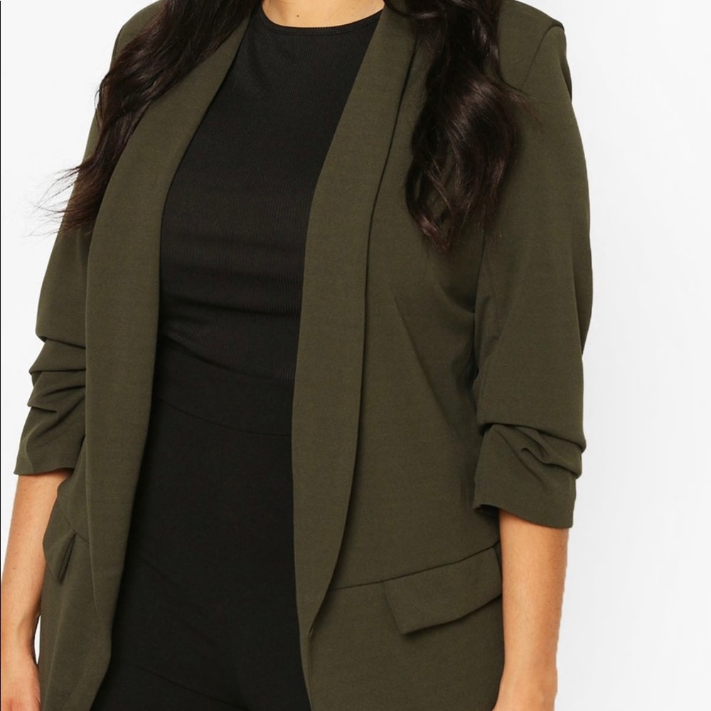 Plus ruched sleeve blazer in “khaki” color (Olive a green).